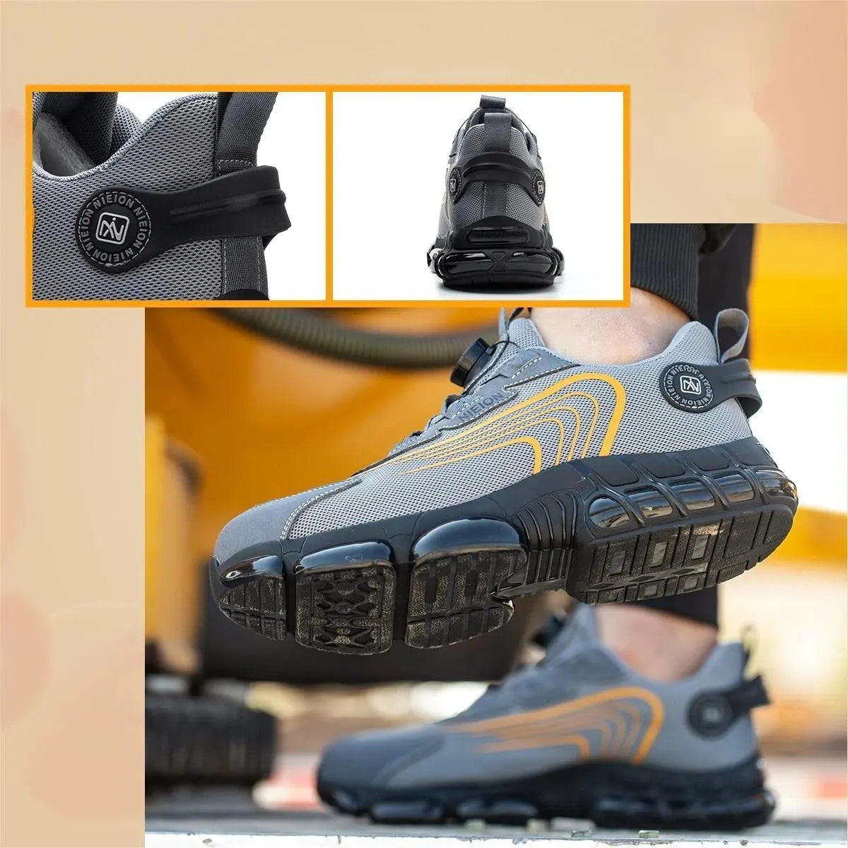 Black & Grey Rotary Buckle Work Sneakers Protective Safety Steel Toe Shoes