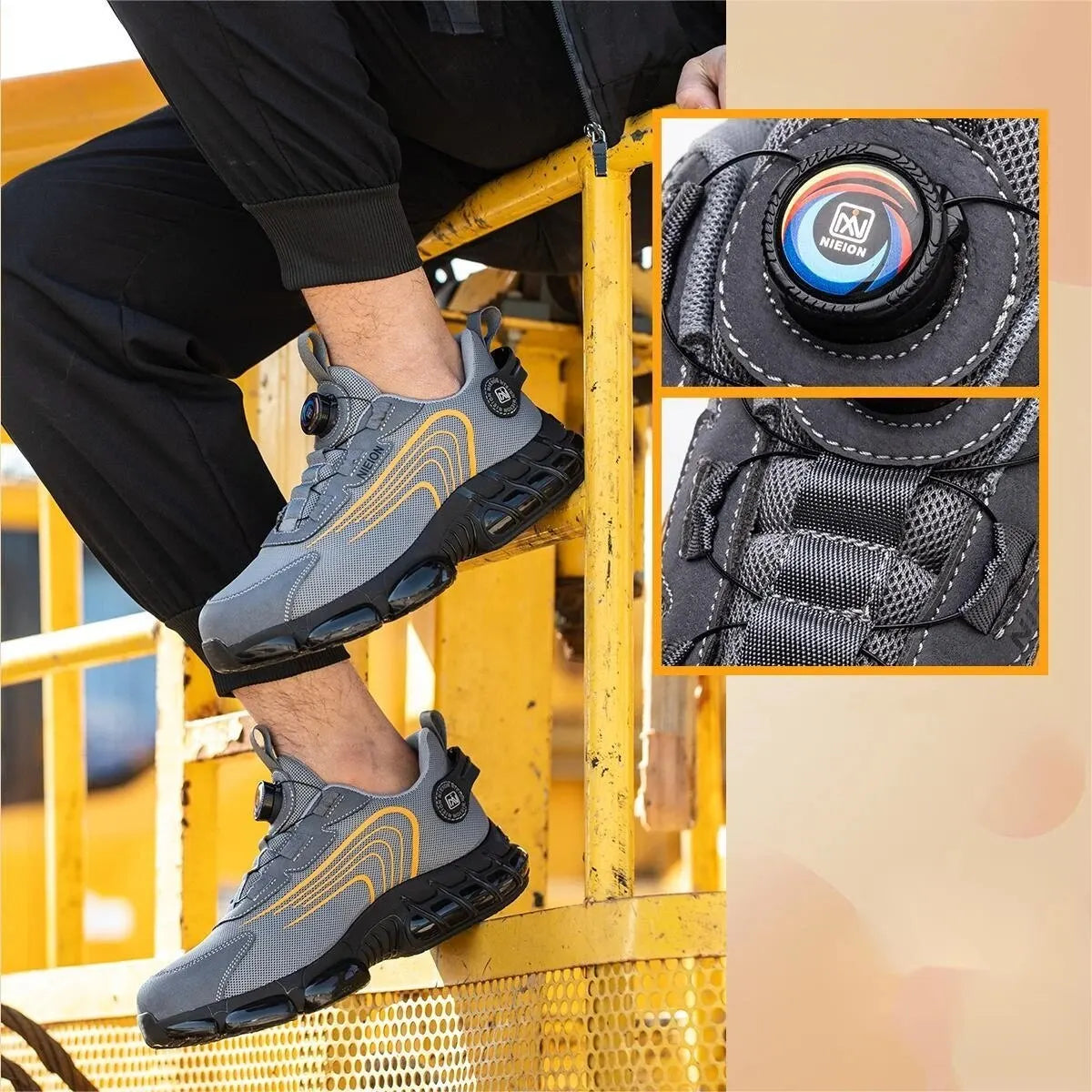 Black & Grey Rotary Buckle Work Sneakers Protective Safety Steel Toe Shoes