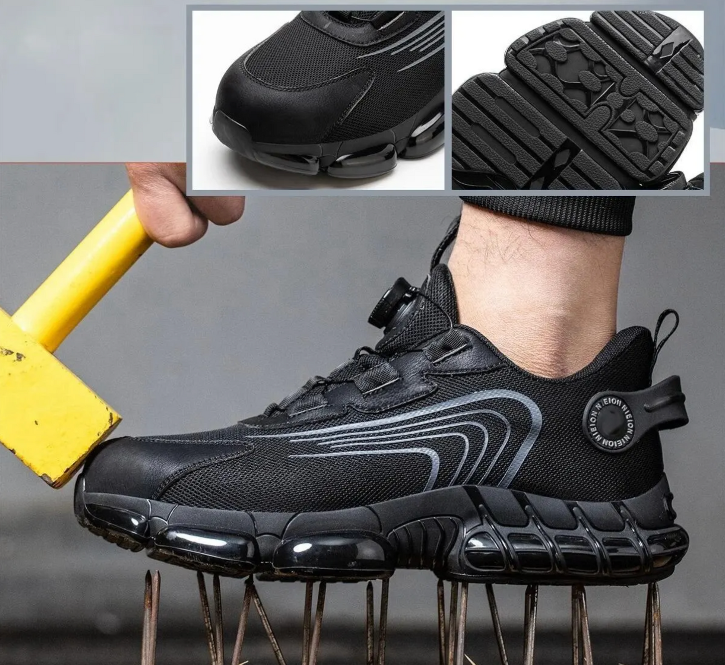 Black & Grey Rotary Buckle Work Sneakers Protective Safety Steel Toe Shoes